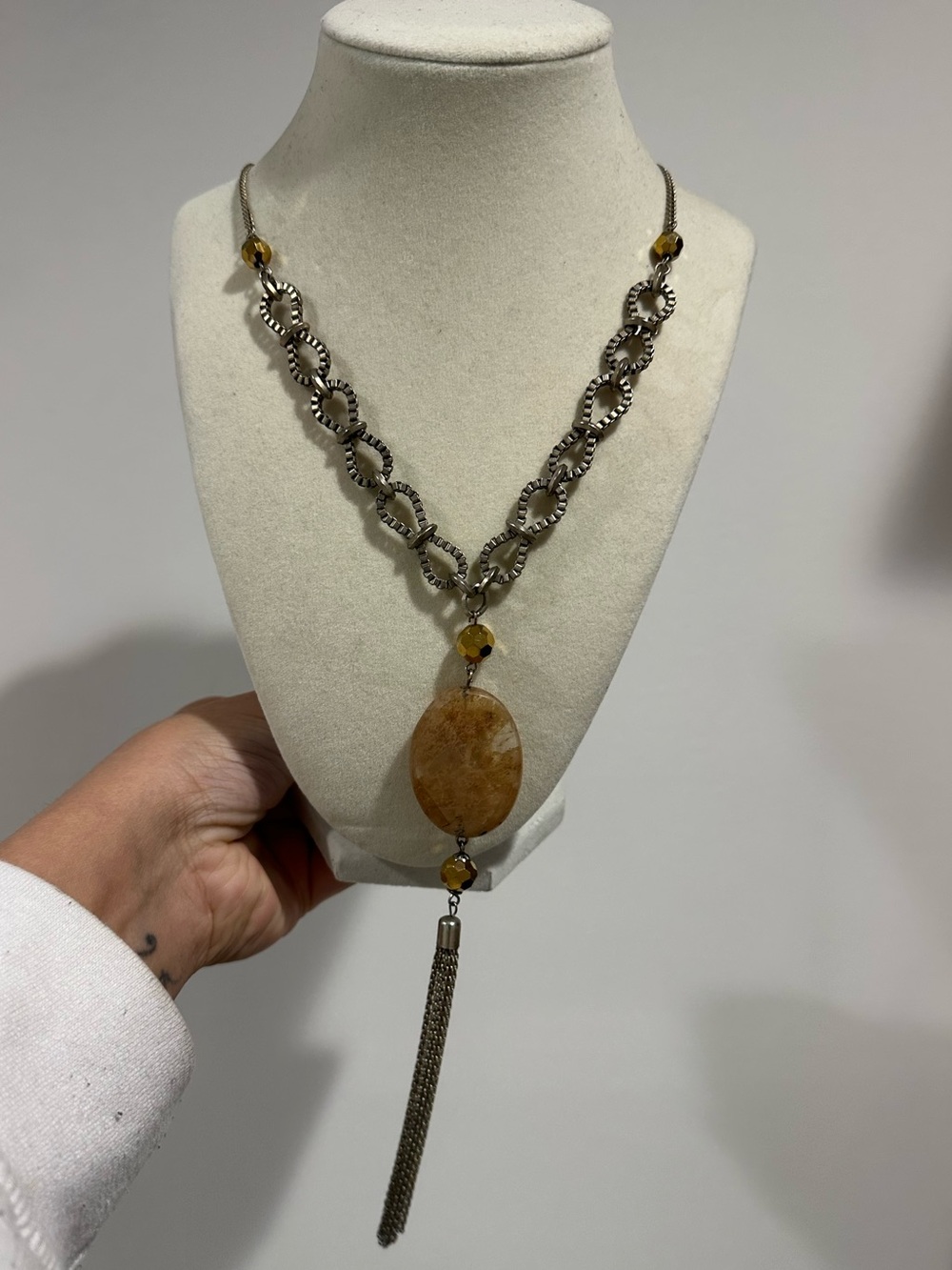 Long Stone Tassel Pendant Necklace - Boho Layering Jewelry
